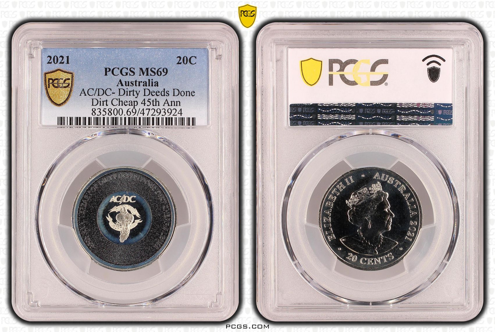 Elizabeth II, AC/DC- Dirty Deeds Done Dirt Cheap 45th Anniversary, Twenty Cent, 2021, PCGS MS69