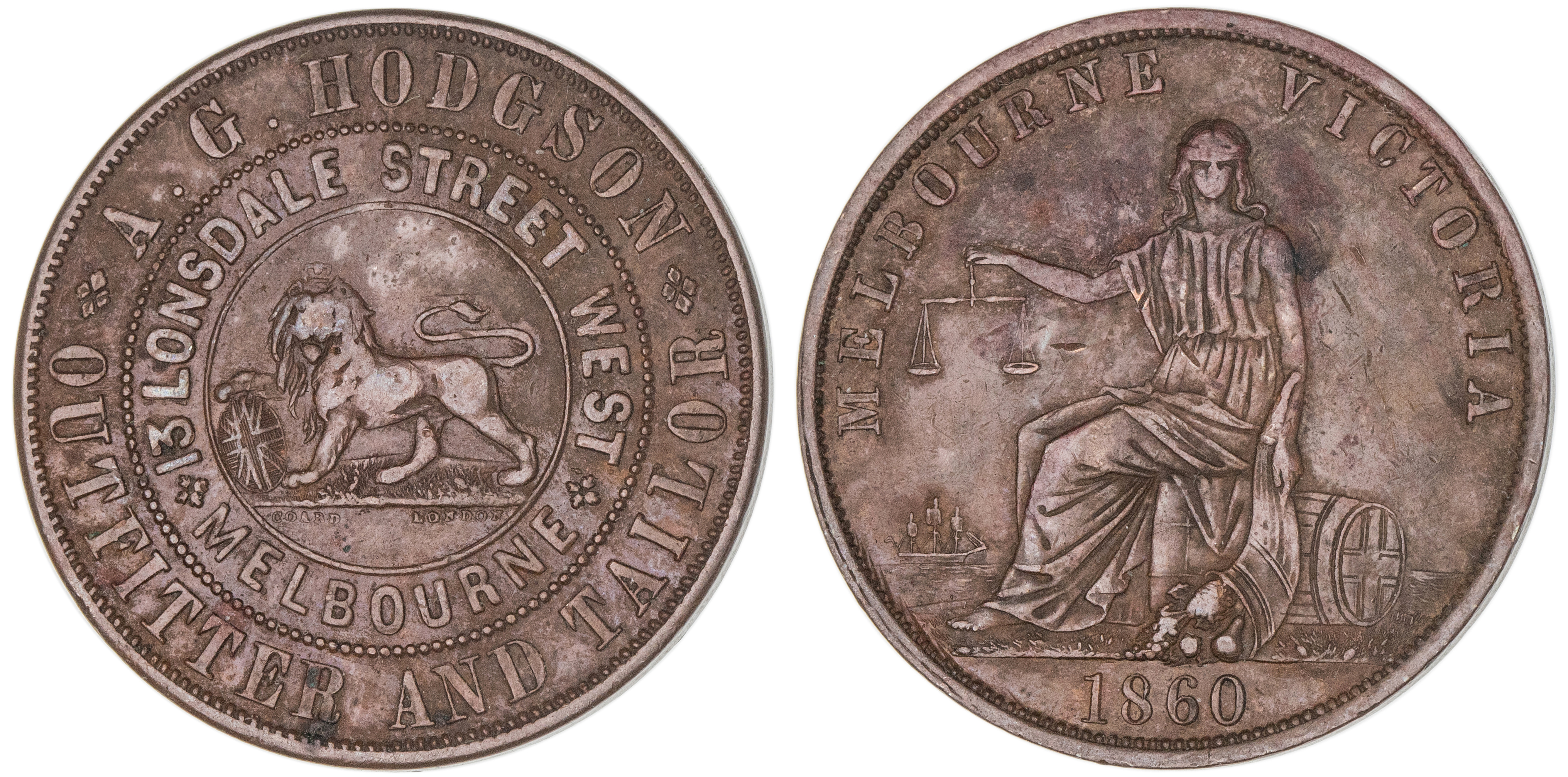 A.G. Hodgson, Melbourne, Vic., Penny, 1860, gVF