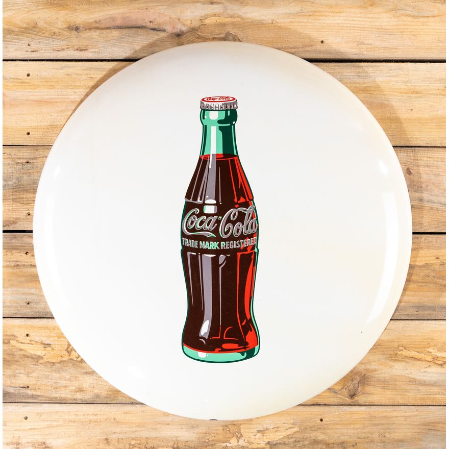 36" Coca-Cola White Metal Button Sign w/ Bottle TAC 9