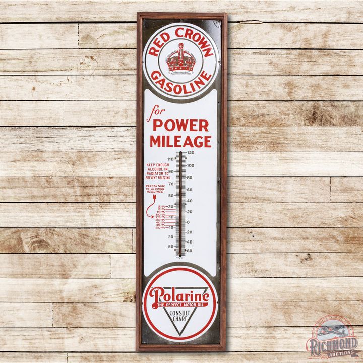 6' Red Crown Gasoline for Power Mileage Polarine Porcelain Thermometer Sign