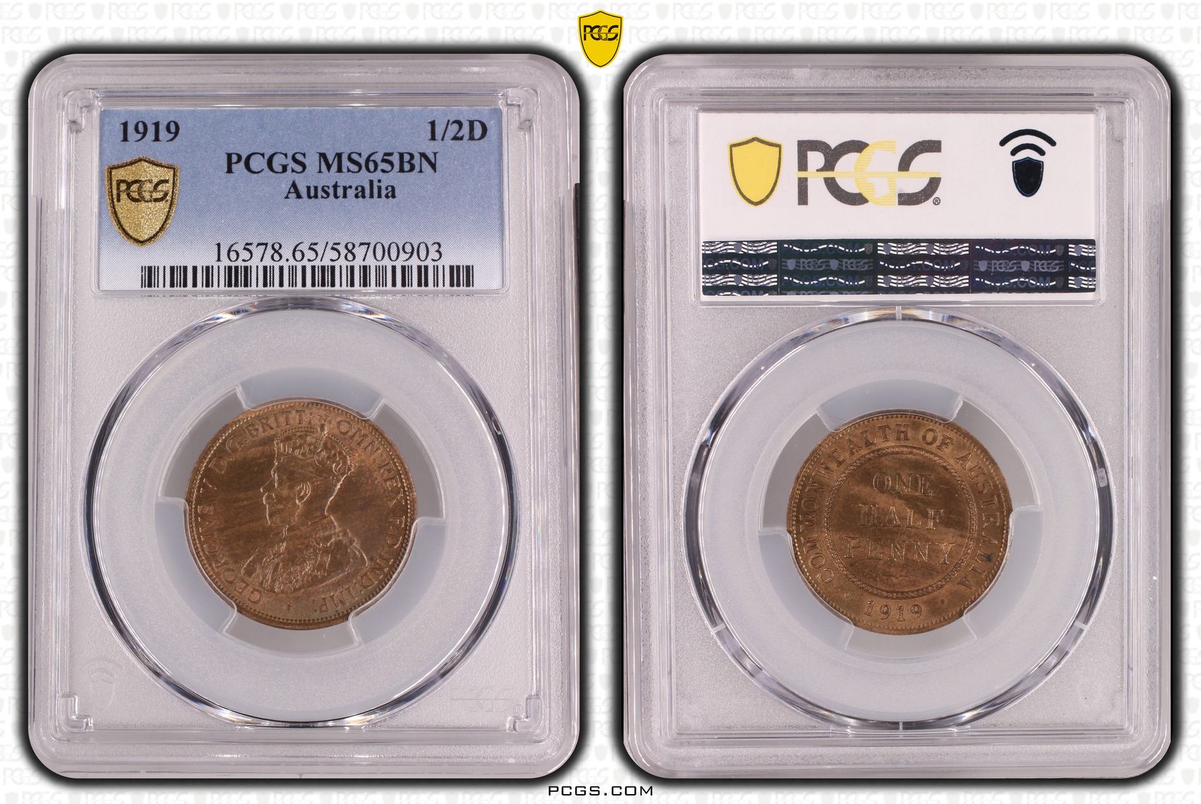 George V, POP 3/0, Halfpenny, 1919, PCGS MS65BN