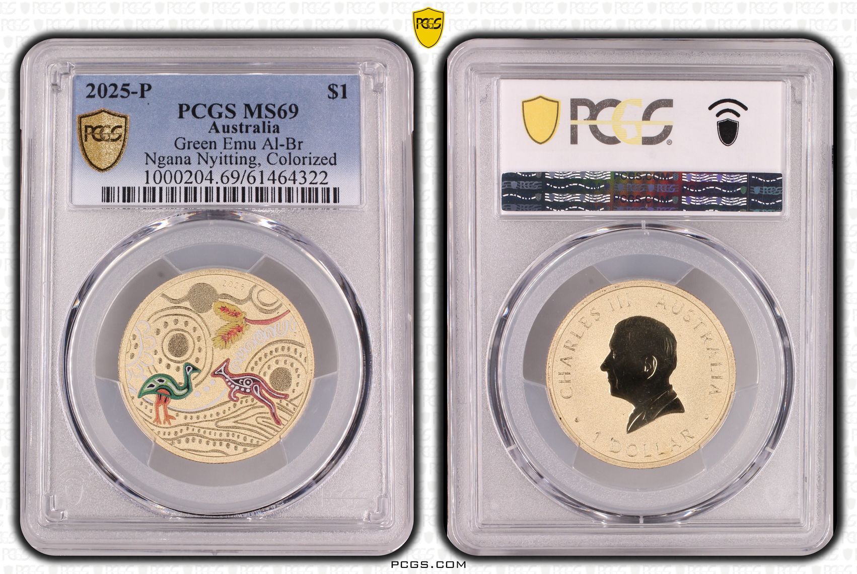 334 · Green Emu AlBr Ngana Nyitting, Colourised, One Dollar, 2025-P,  MS69