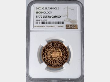 2002 ELIZABETH II 'TECHNOLOGY' GOLD PROOF 2 POUND PF70 UCAM TOP POP!