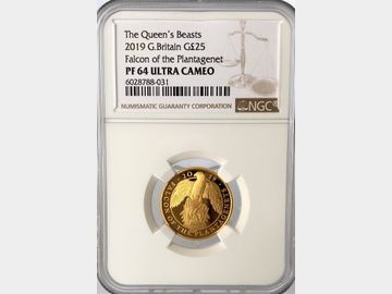 2019 ELIZABETH II 'QUEENS BEASTS' FALCON OF THE PLANTAGENET GOLD 25 POUND COIN PF64 ULTRA CAMEO