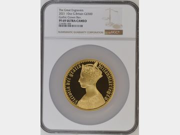 2021 GREAT ENGRAVERS GOTHIC CROWN PORTRAIT 10oz GOLD PROOF PF69 UCAM