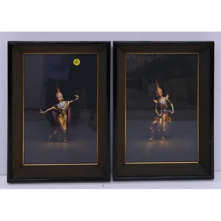 Pair Thai Framed Gouache Dancer Paintings - 15x11''