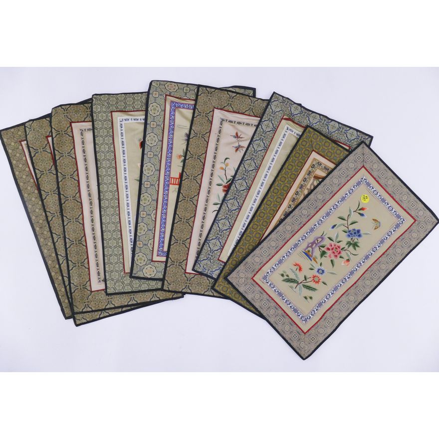 Stack 9pc Chinese Silk Embroidered Mats- 17x10''