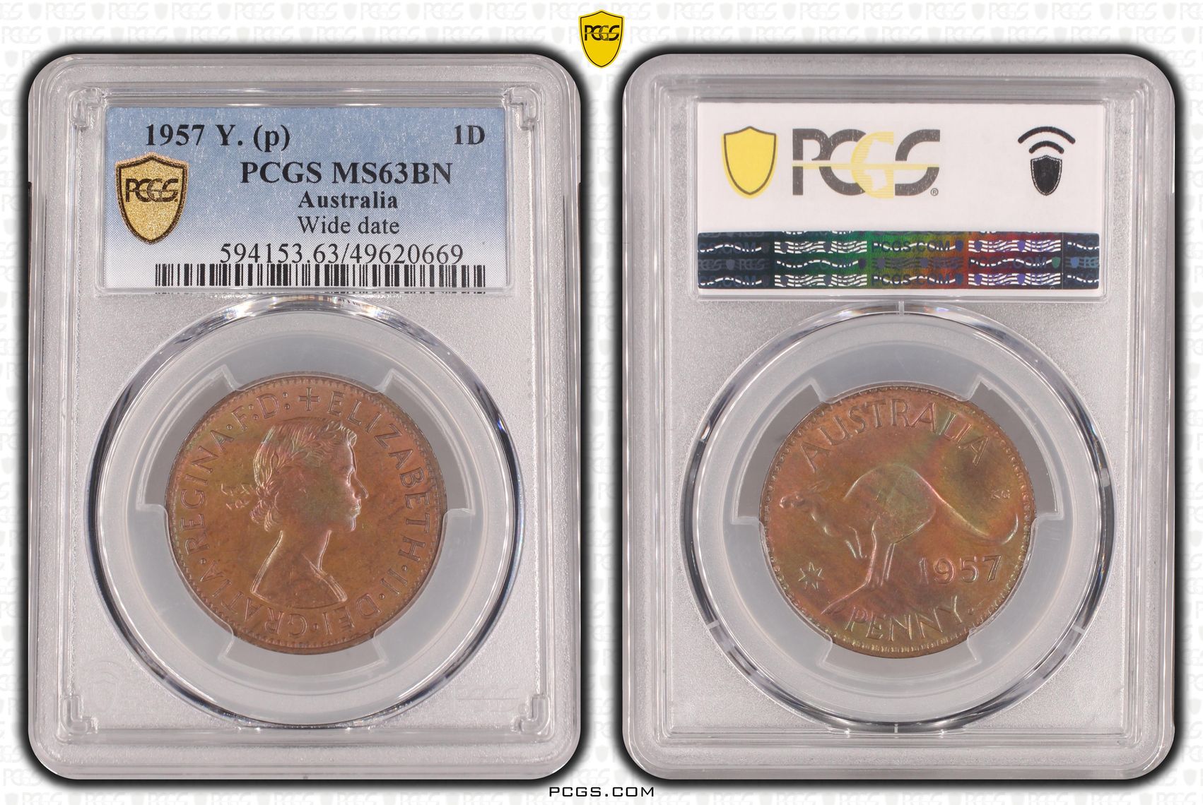 Elizabeth II, Wide date , Penny, 1957, PCGS MS63BN
