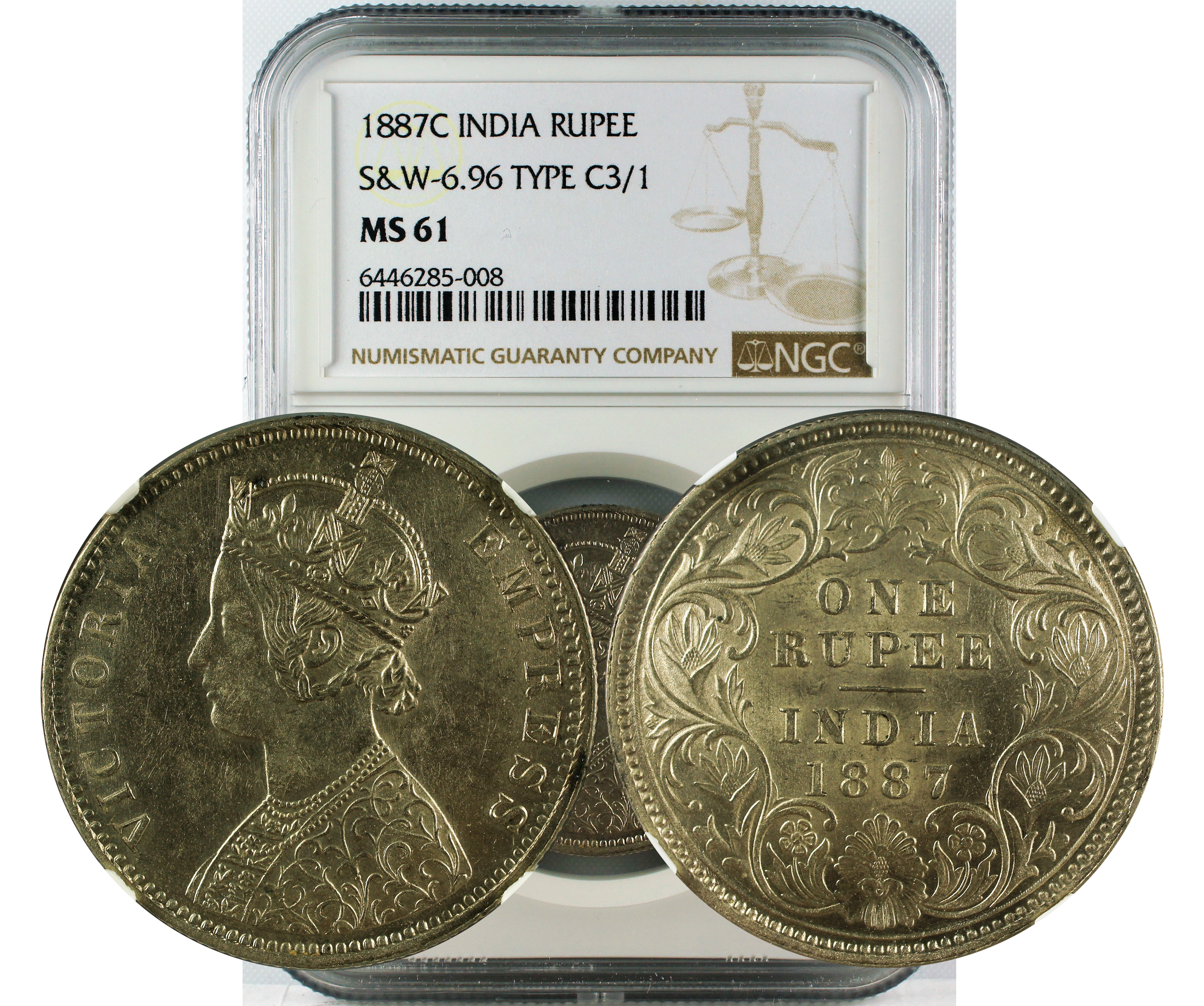 1887 C INDIA RUPEE S&W 6.96 TYPE C3/1 MS61