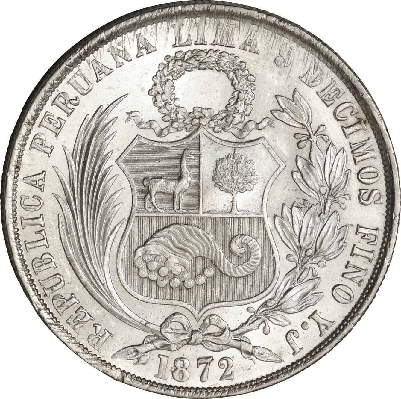 ペルー-Republic of Peru. 1872. Silver. 1ソル. 未使用. UNC. 女神 