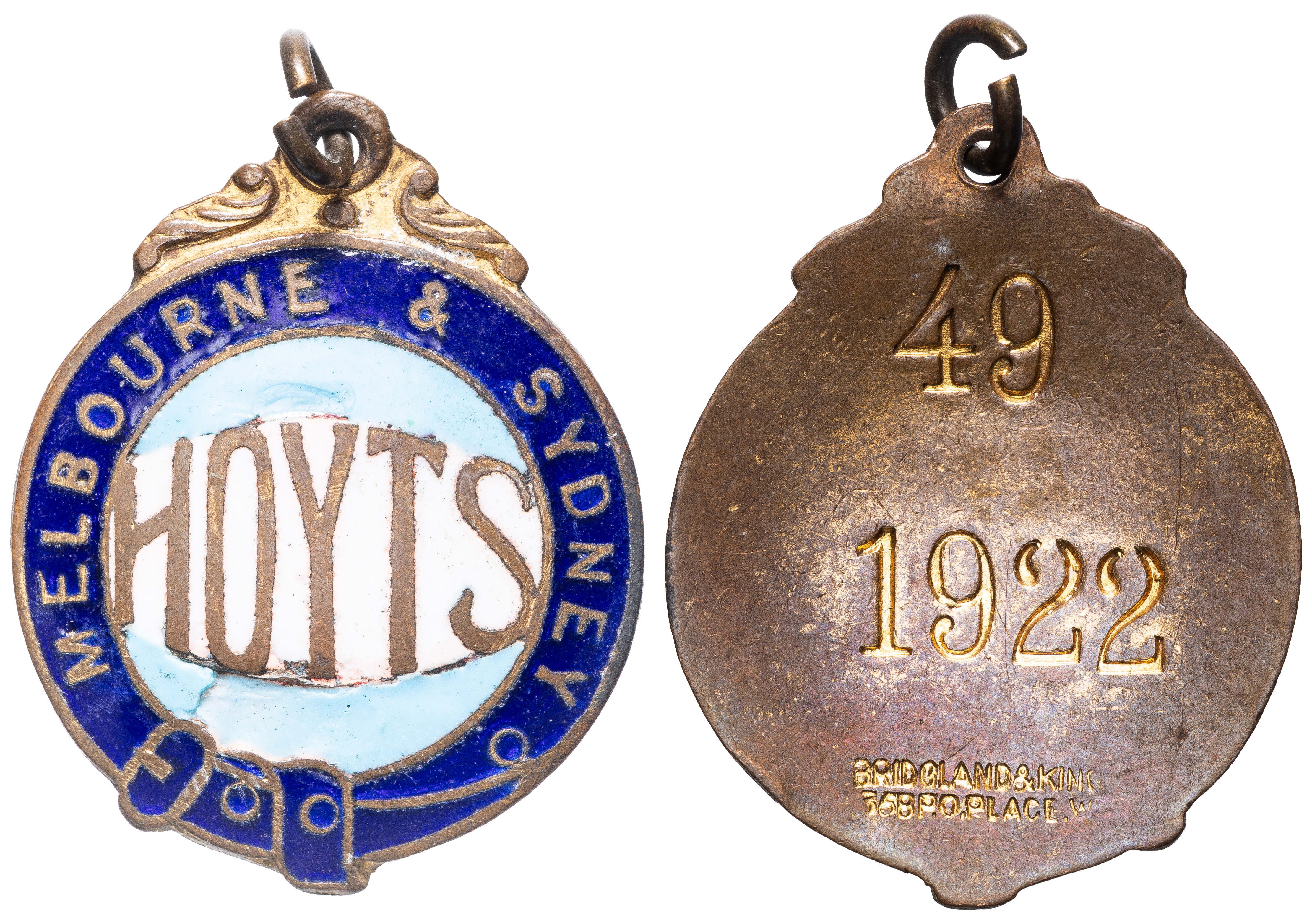 130 · Bridgland & King, Melbourne - Enamel Hoyts Cinema Badge, 1922,  gVF