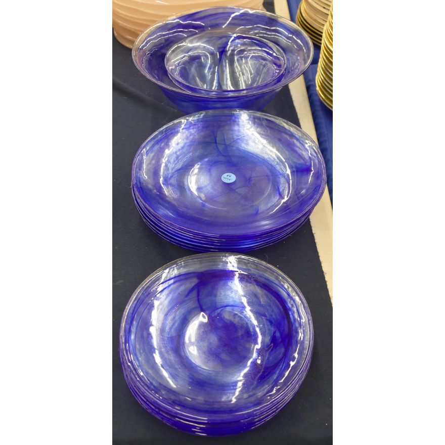17pc Blue Swirl Glass Plates & Bowls