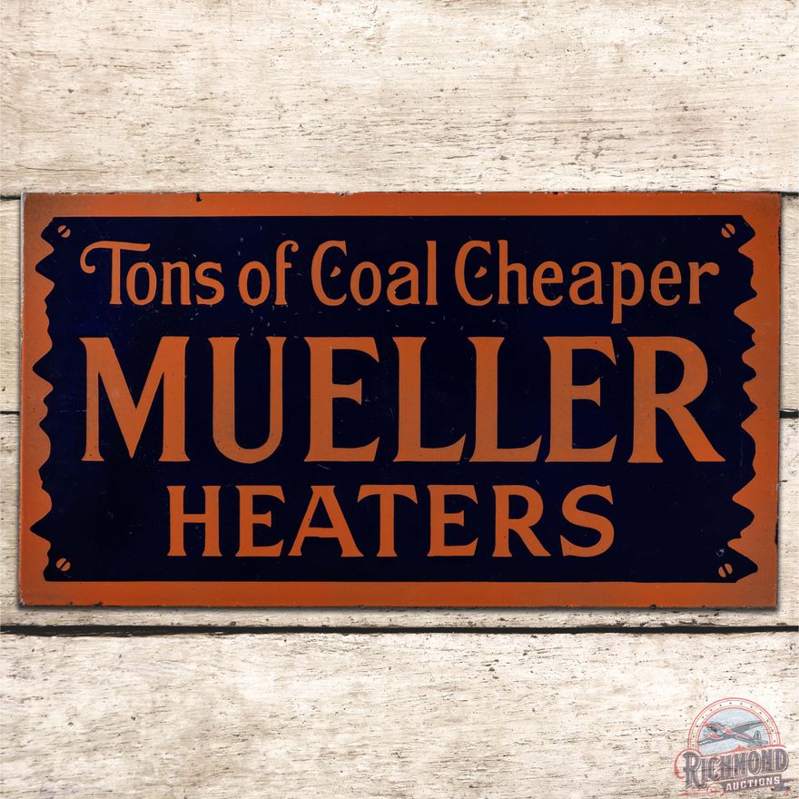 Mueller Heaters "Tons of Coal Cheaper" DS Porcelain Flange Sign