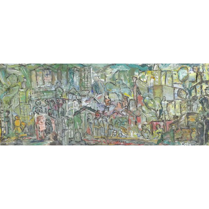 Lorraine Cohn ''People in the City'' Oil on Paper Affixed to Masonite