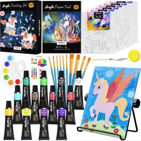 MEDIUM NICPRO 34PCS KIDS ACRYLIC PAINT SET WITH PATTERN CANVAS, ART PAINTING SUPPLIES KIT WITH 12 PAINTS, 10 BRUSHES, 6 CANVAS PAN