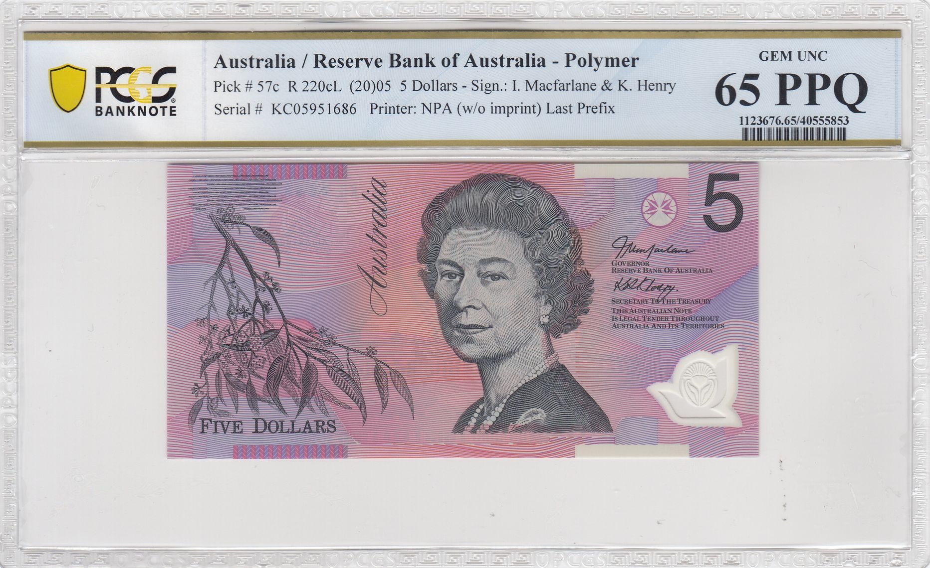 Macfarlane/Henry, Last Prefix, Five Dollar, 2005, PCGS Gem UNC 65 PPQ