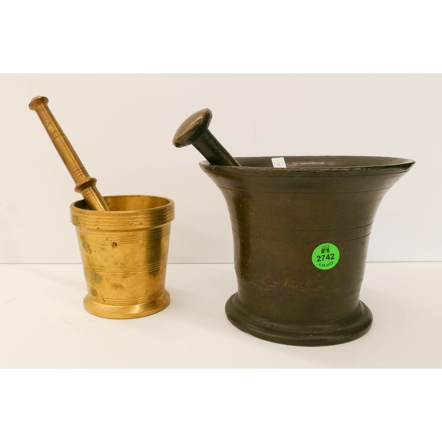 2pc Old Bronze & Brass Mortar & Pestle- 4'' and 5''