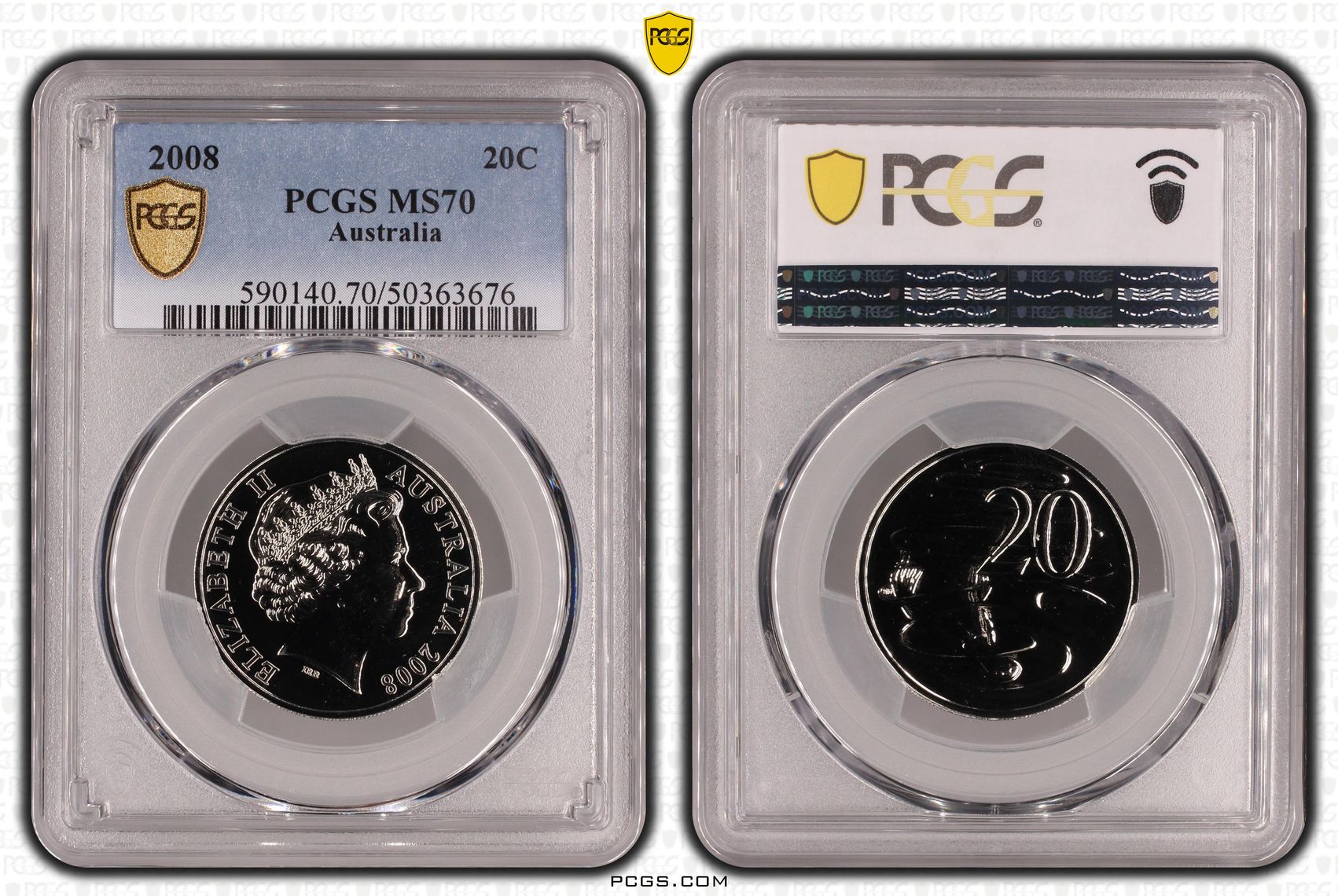 58 · POP 21/0, Twenty Cent, 2008, PCGS MS70