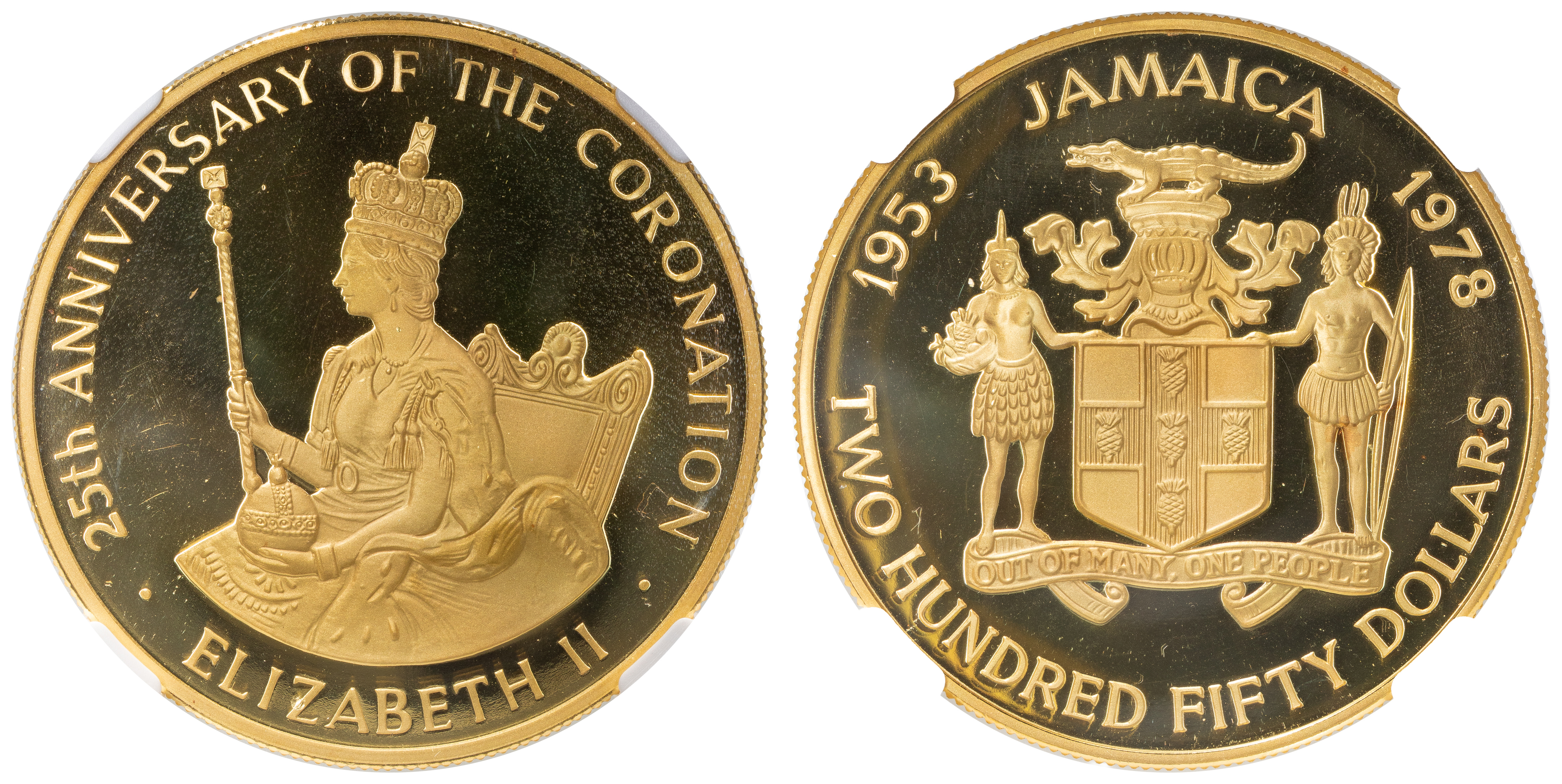 Jamaica, 25th Anniversary of QEII Coronation, Two Hundred and Fifty Dollars, 1978, NGC PF68 ULTRA CAMEO