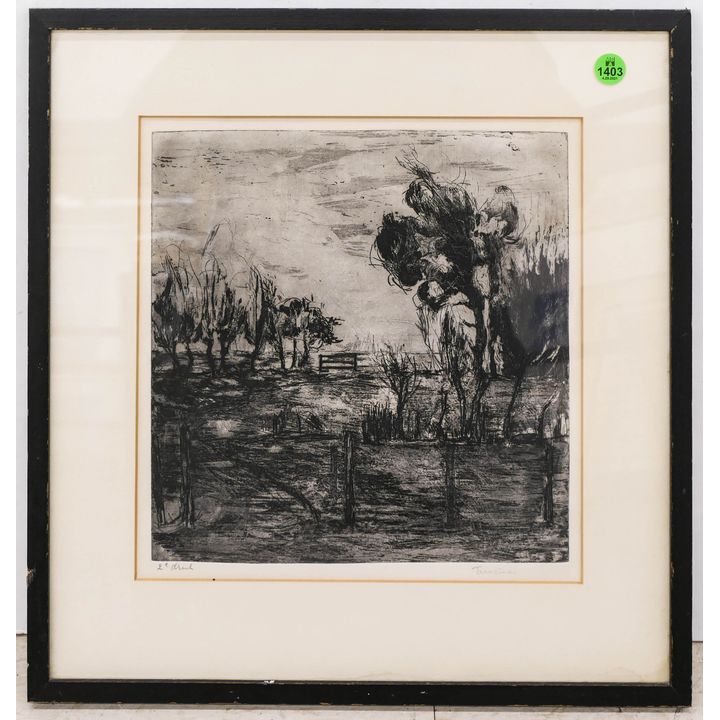 French Landscape Etching signed Francine Framed- 16x16''