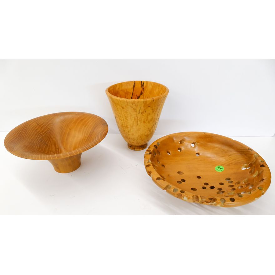3pc Wood Art Turned Bowls & Vase- Robert Adams, S. Rust, D. Morton- 6'' to 10''