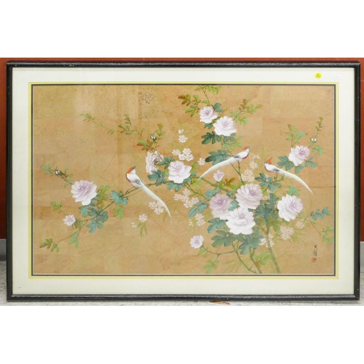 Japanese Birds on Flower Branches Painting Framed- 29x41''