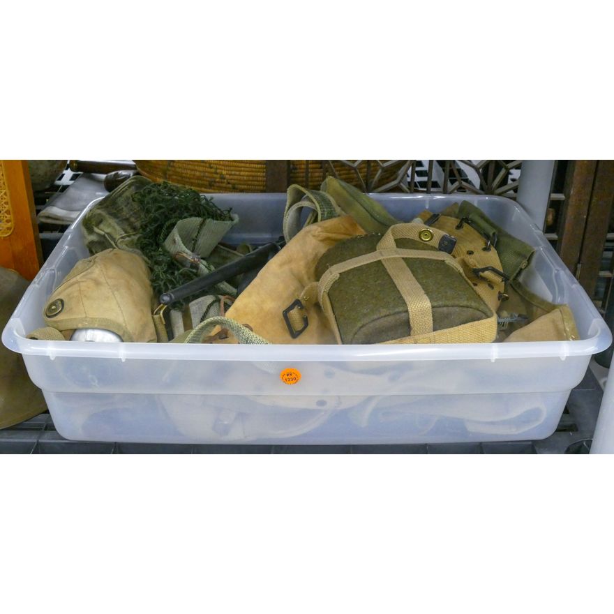 Tote of Vintage Military Gear - Canteens, Belts, Bayonets etc.
