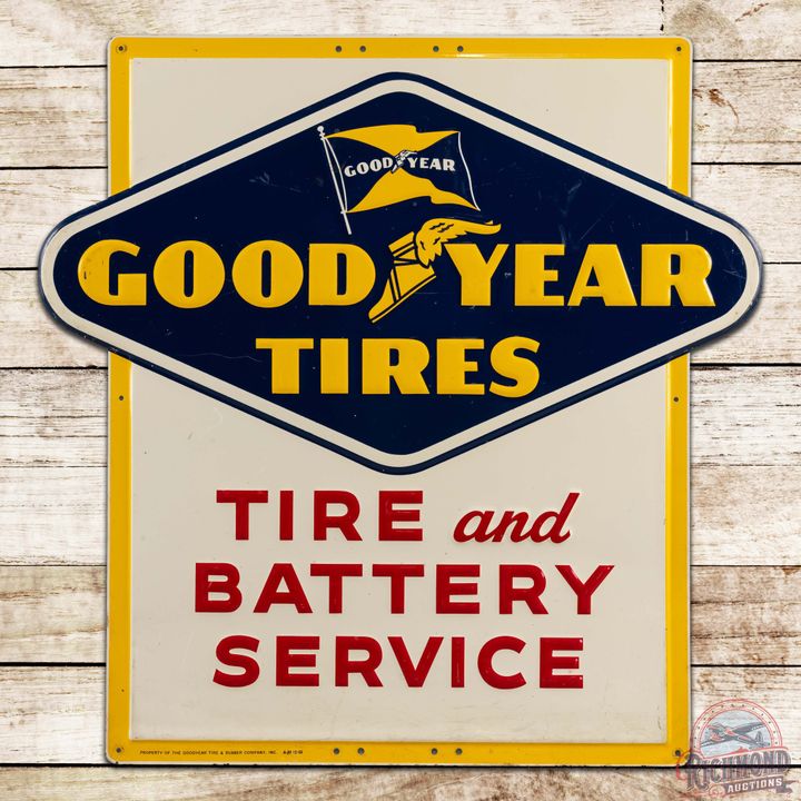1953 Goodyear Tire and Battery Service Emb. Die Cut Single Sided Tin Sign w/ Logo