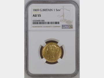 1869 VICTORIA YOUNG HEAD LONDON MINT SHIELD GOLD SOVEREIGN AU55