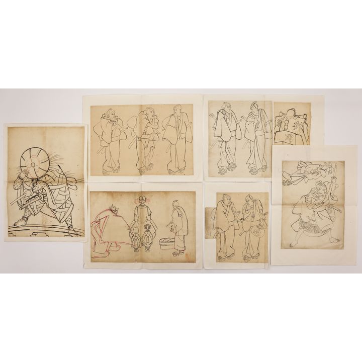 6pc Hiroshige II and Kunisada Ink Drawings