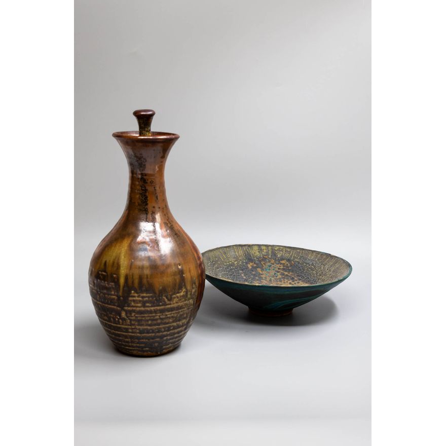 New Zealand Studio Pottery - Oil bottle and bowl