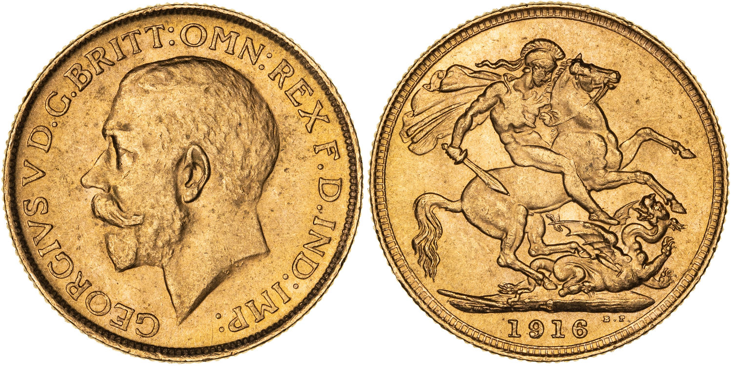 George V, St George Reverse, Sovereign, 1916-S, EF