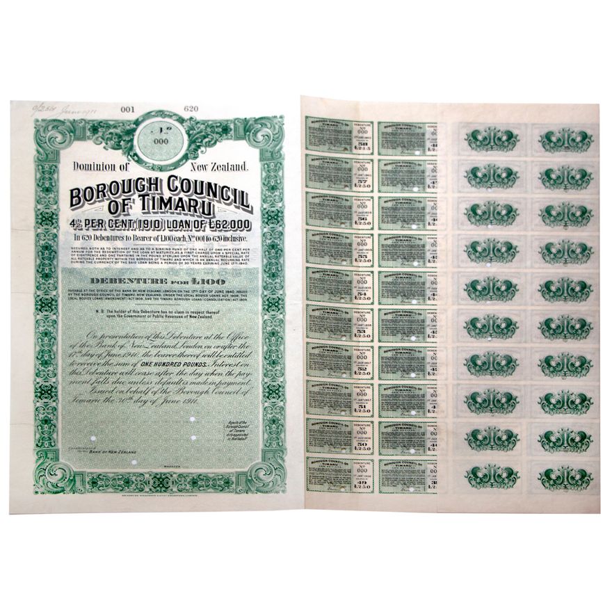 DOMINION OF NEW ZEALAND - BOROUGH COUNCIL OF TIMARU, Debenture No.1.
