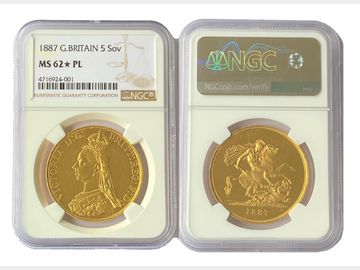 1887 Queen Victoria Jubilee Head Five Pound Coin. Graded by NGC MS62* PL