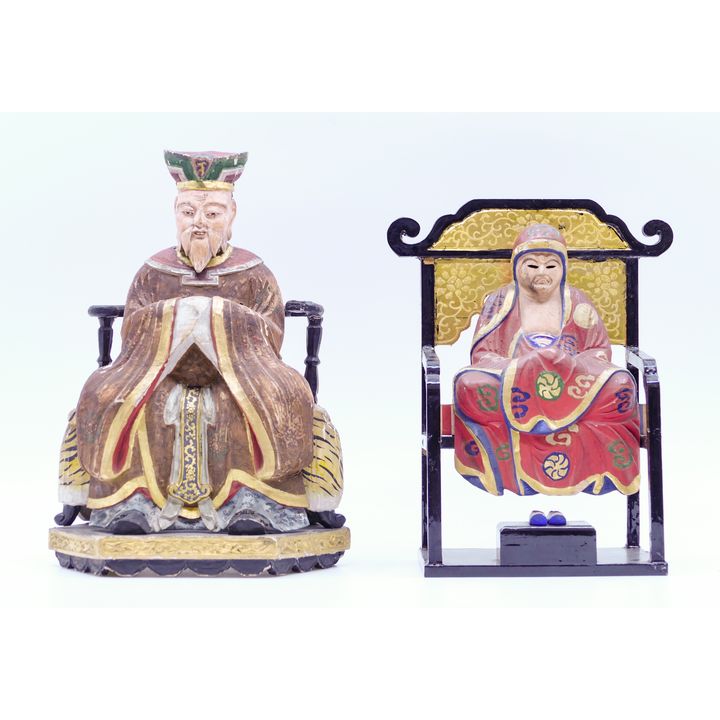 2pc Meiji Japanese Lacquered Deities in Chairs 7'' and 8.5''