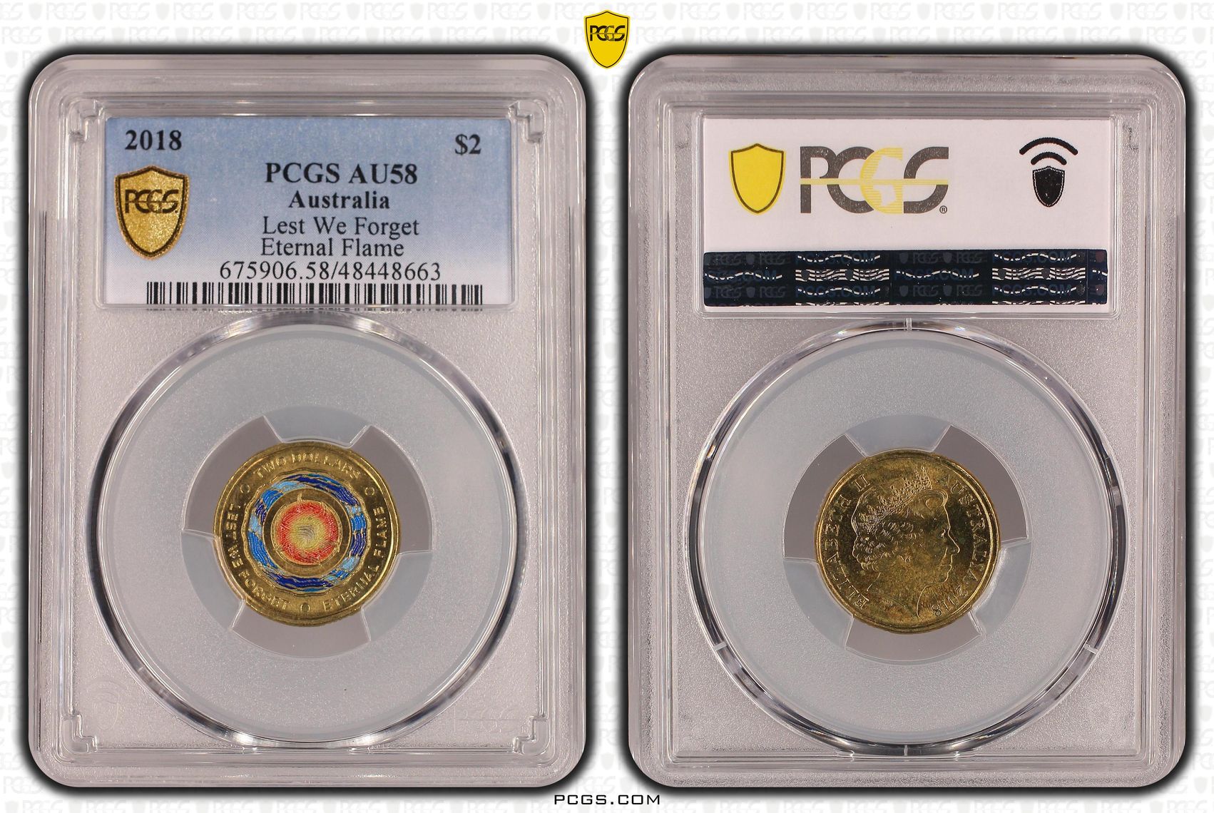 Elizabeth II, Lest We Forget - Eternal Flame, Two Dollar, 2018, PCGS AU58