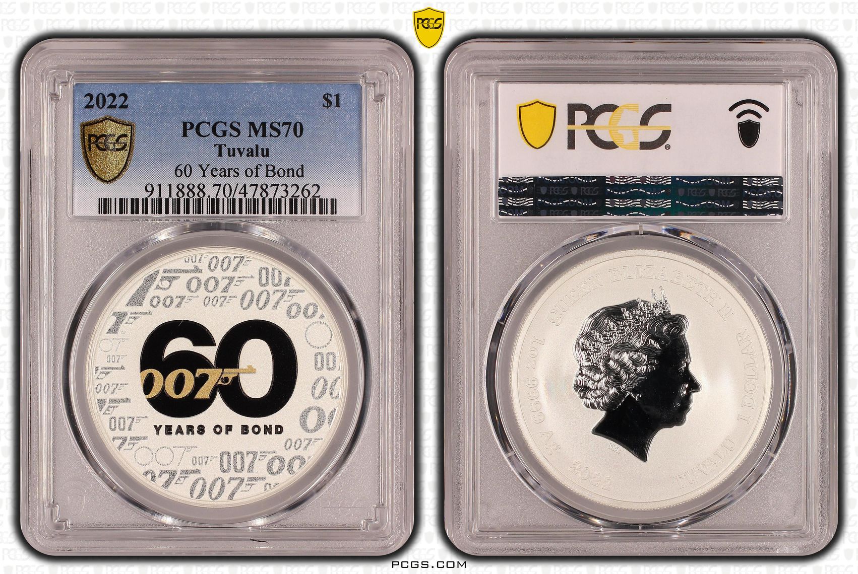 Tuvalu, 60 Years of Bond, POP 3/0, One Dollar, 2022, PCGS MS70