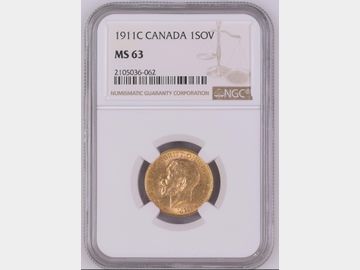 1911 GEORGE V CANADA MINT GOLD SOVEREIGN MS63