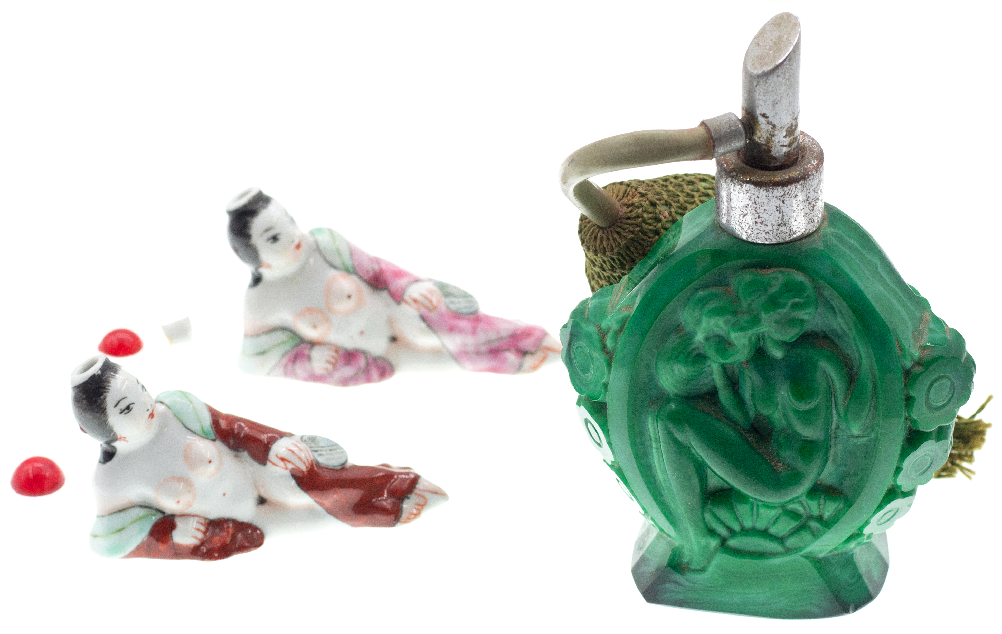 166 · China, Empire, Erotica, Porcelain Perfume Flasks, 1920s, VGC