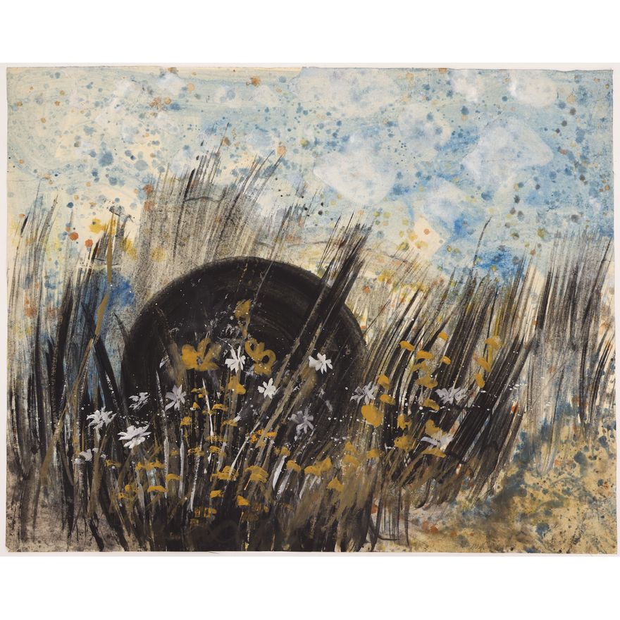 Neil Metizler ''Mystic Flowers & Moon'' 1958 Casein on Paper 21''x26.5''