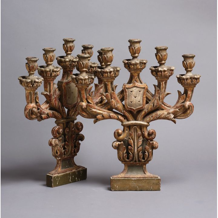 Pair of wall-hanging wooden 5-branch sconces