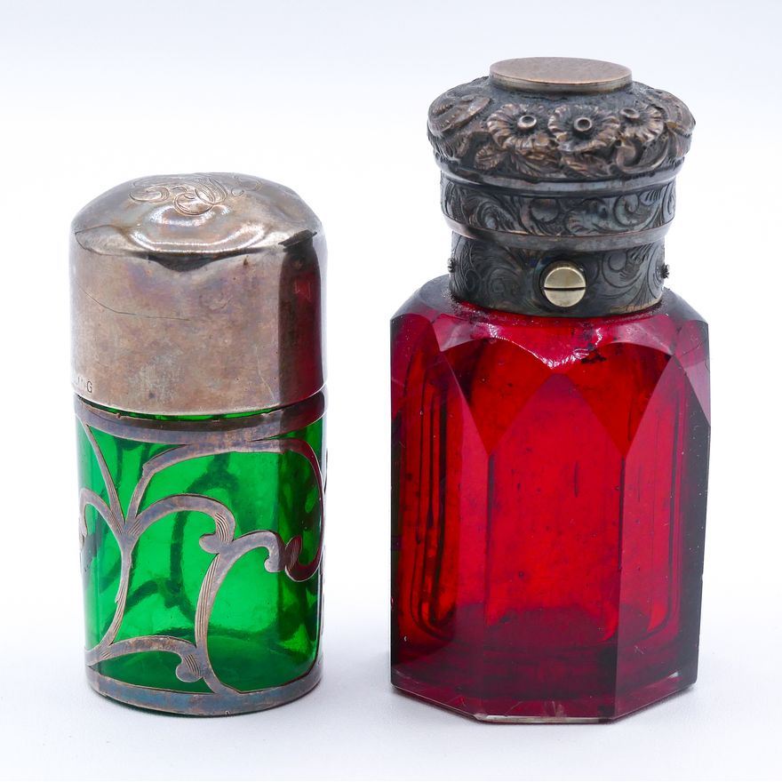 2pc Antique Sterling Mounted Cut Glass Scent Bottles