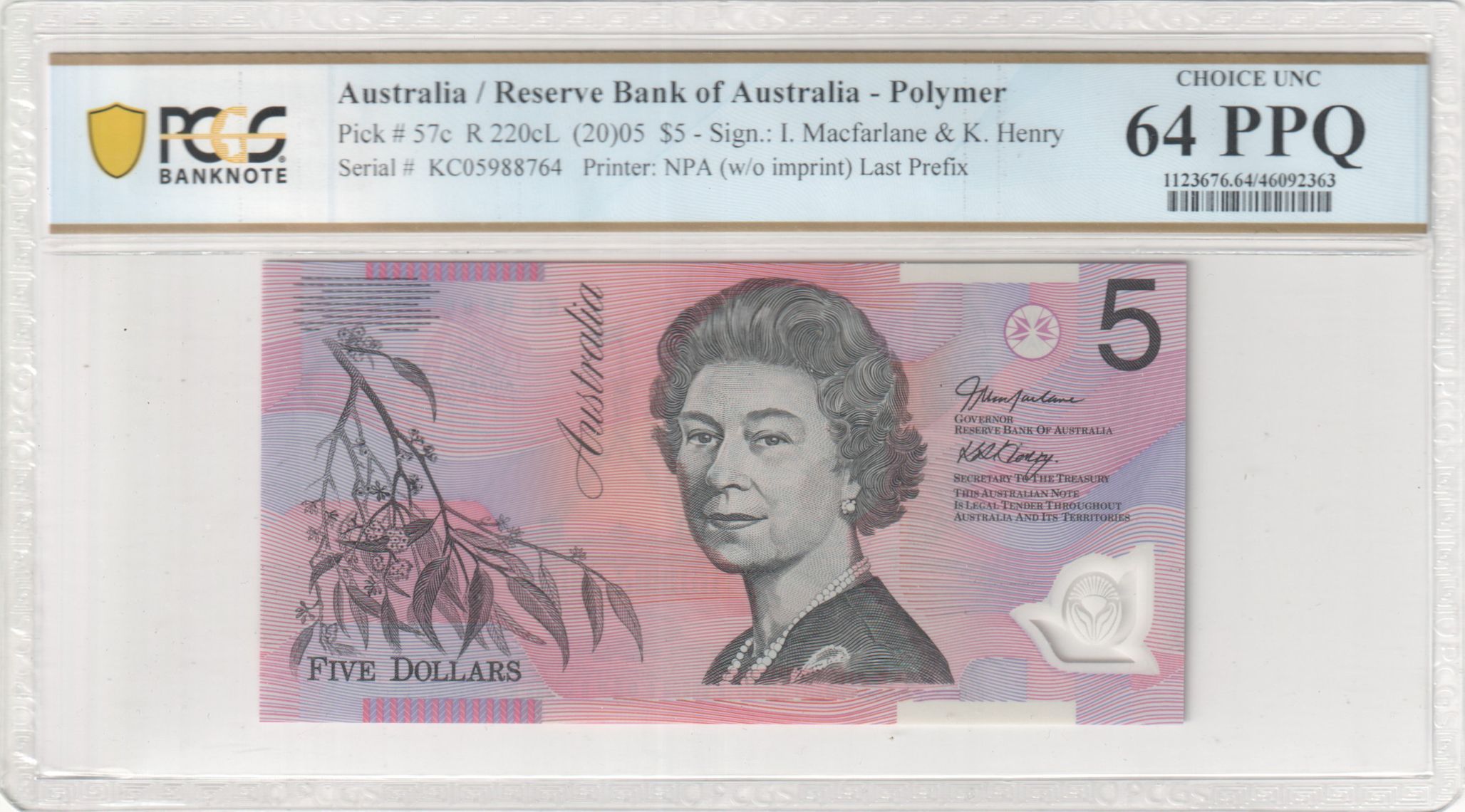 Macfarlane/ Henry, Last Prefix, Five Dollar, 2005, PCGS Choice UNC 64 PPQ