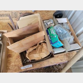 2 Boxes of door closure hardware, fasteners, and clocks