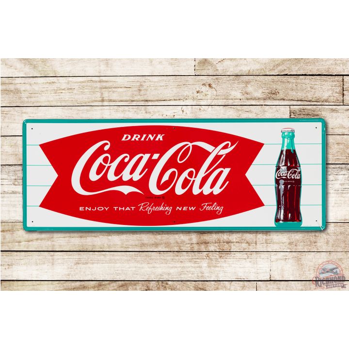 Drink Coca Cola Refreshing New Feeling w/ Bottle & Fishtail Logo Tin Sign