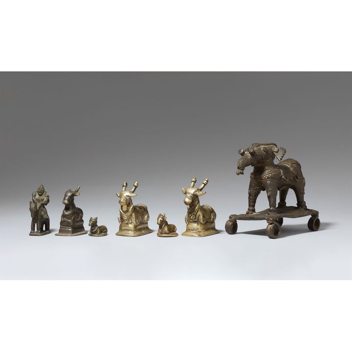 Seven copper alloy figures of animals, mostly Nandi. 19th century