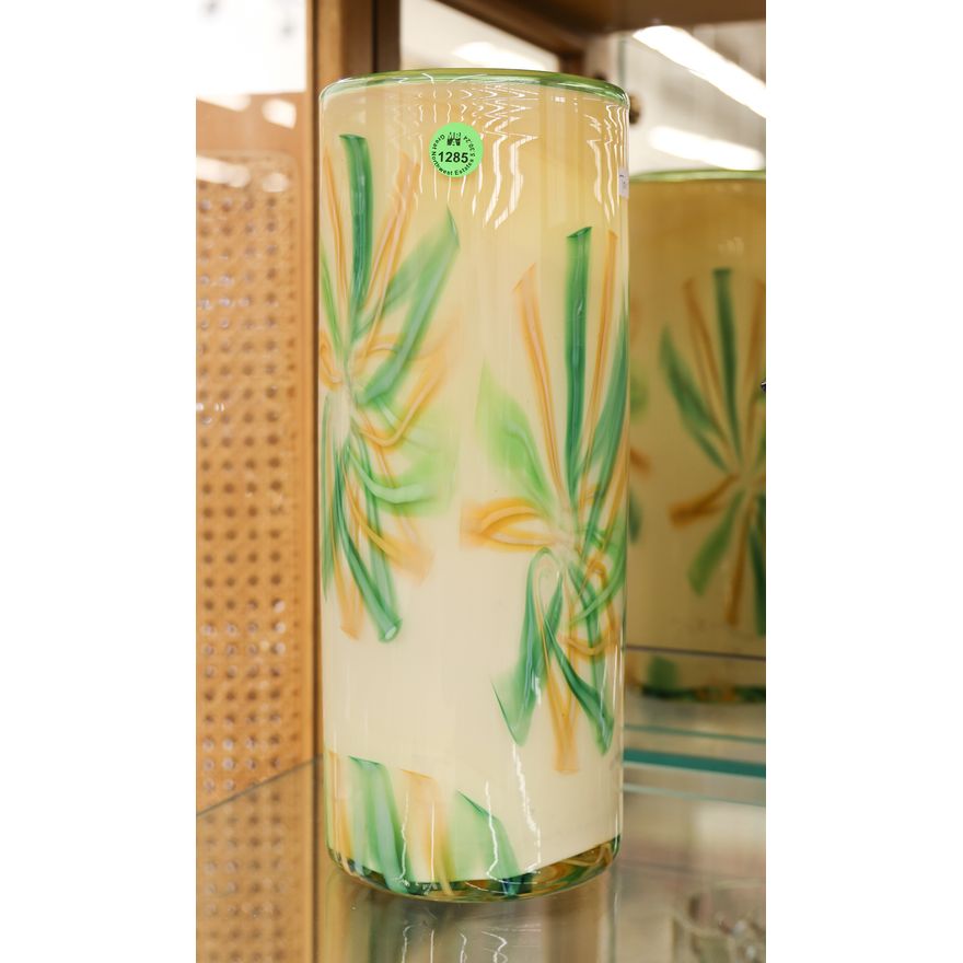Mid Century Green Murrine Cylinder Glass Vase 11.5''