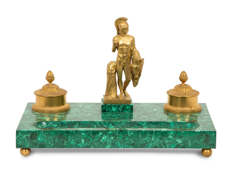 A Gilt Metal Mounted Malachite Veneered Standish