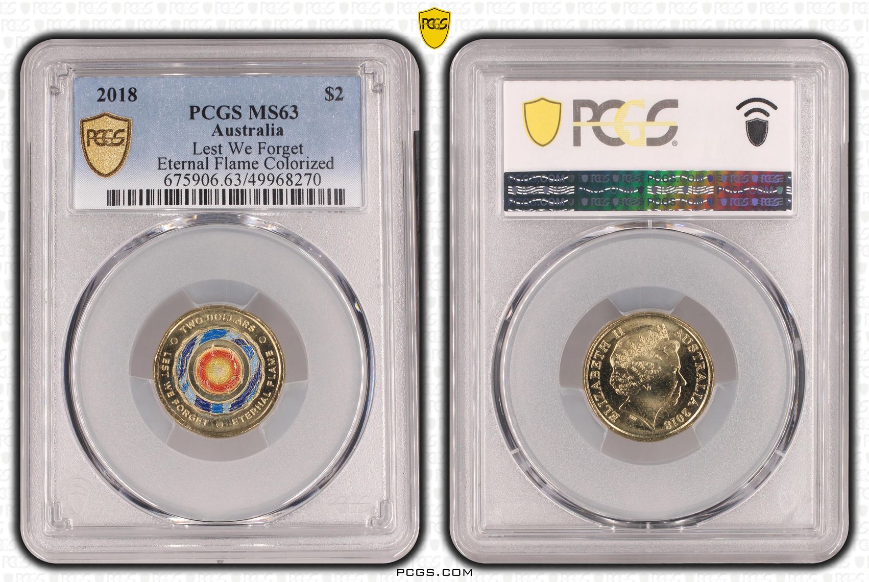 491 · Lest We Forget Eternal Flame Colourised, Two Dollar, 2018, PCGS MS63