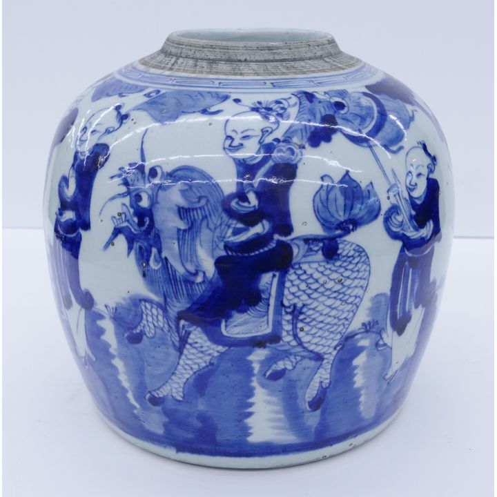 Antique Chinese B&W Foo Lion Jar- 9''